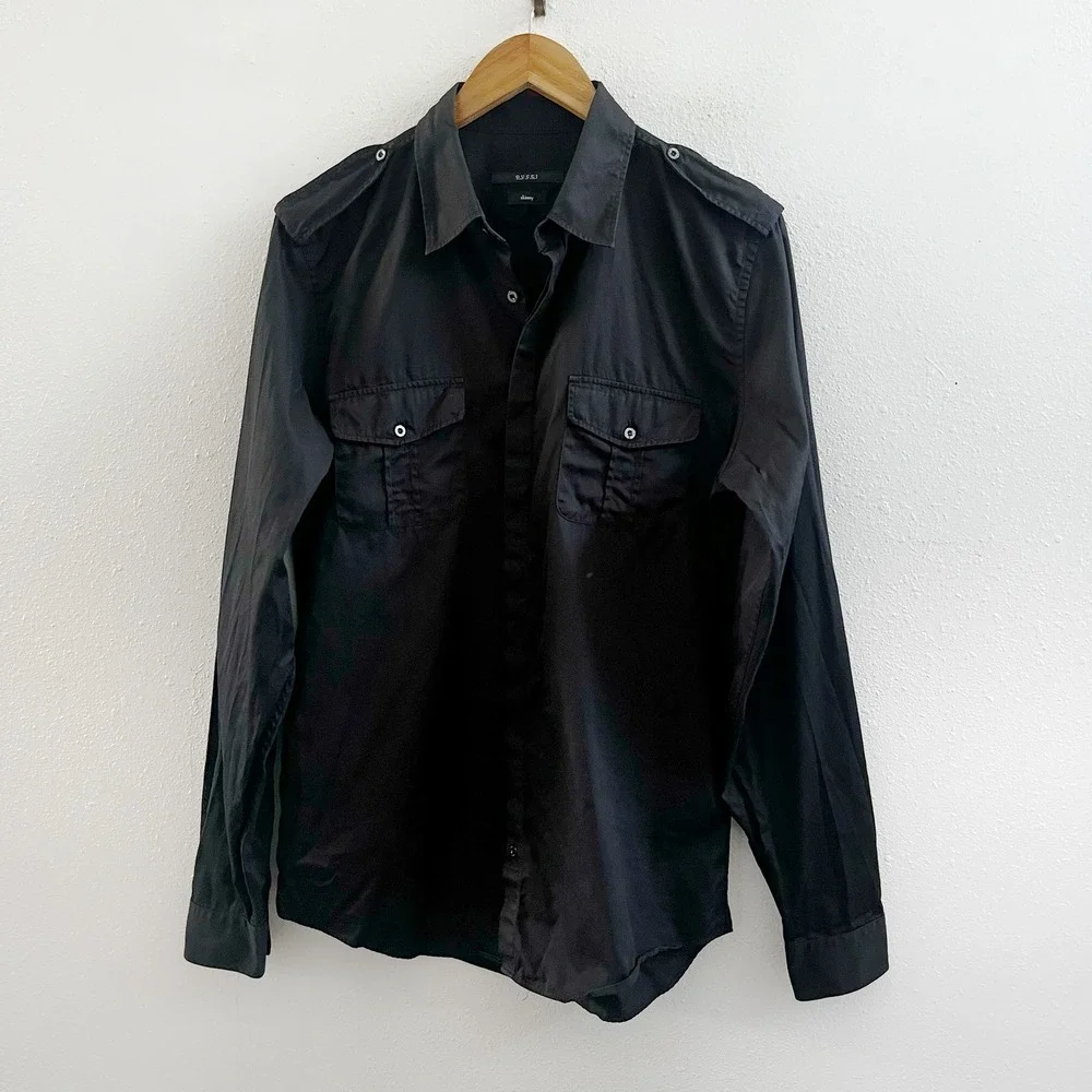 GUCCI by Tom Ford Black Vintage Military Classic Button Up Shirt Size 42